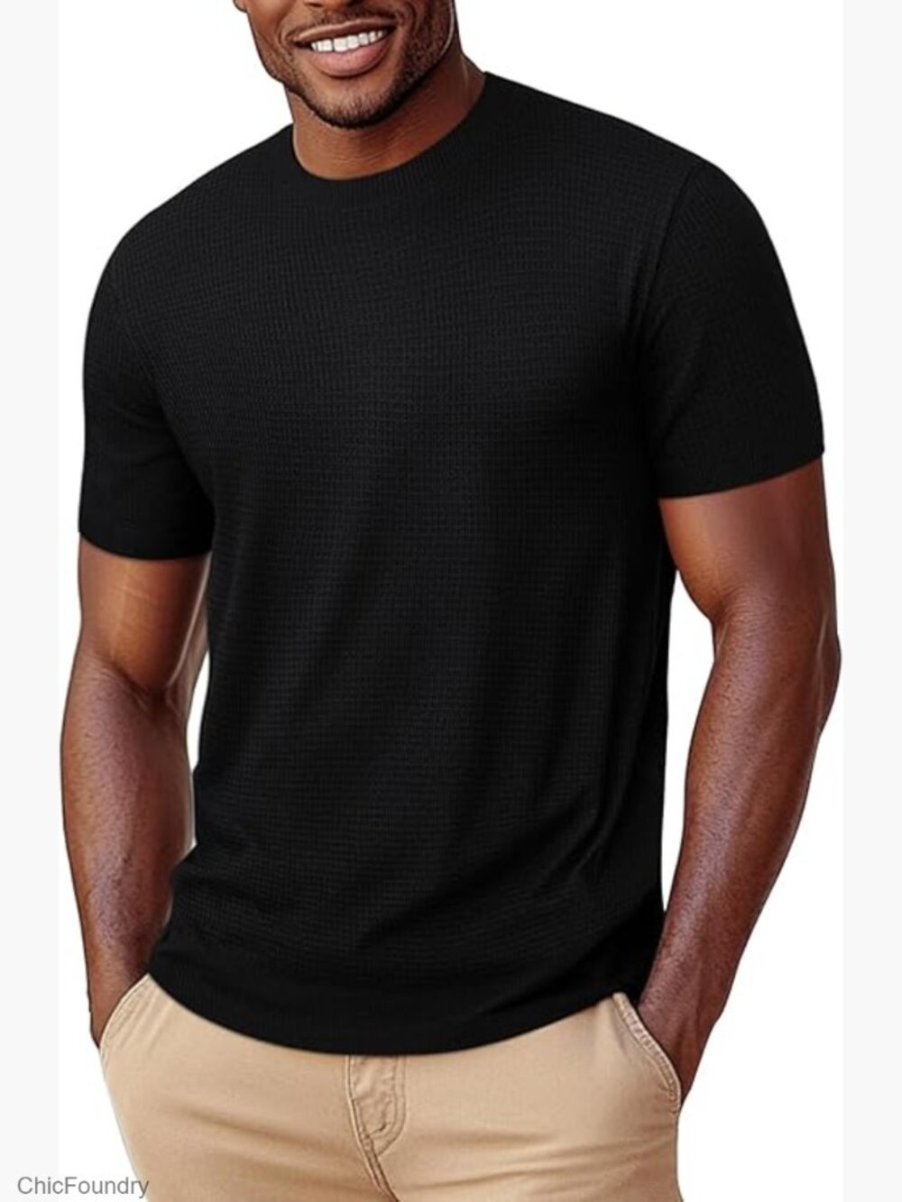 Short Sleeve Crewneck Waffle Knit T-Shirt Textured Pullover Tee